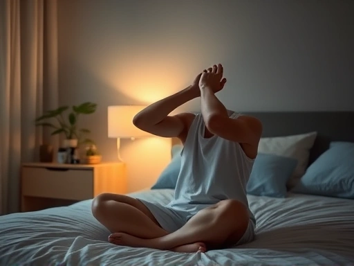 조용하고 차분한 침실에서 한 사람이 편안한 자세로 가벼운 스트레칭이나 명상을 하고 있어 건강한 수면 습관을 강조합니다.