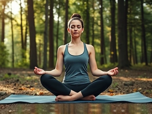 숲속에서 요가 매트 위에서 명상하는 평온한 여성의 모습