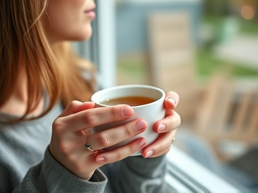 두 손으로 따뜻한 차 한 잔을 감싸고 창밖을 바라보는 여성의 클로즈업.