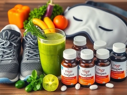 다이어트 보조제 병이 놓인 탁자 옆에 운동화, 채소 스무디, 그리고 수면 마스크가 클로즈업되어 있는 모습