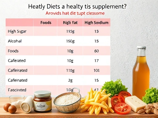 다이어트 보조제와 함께 섭취를 피해야 할 고당분, 고지방, 고나트륨 음식, 알코올, 카페인 음료들이 테이블 위에 나열된 모습