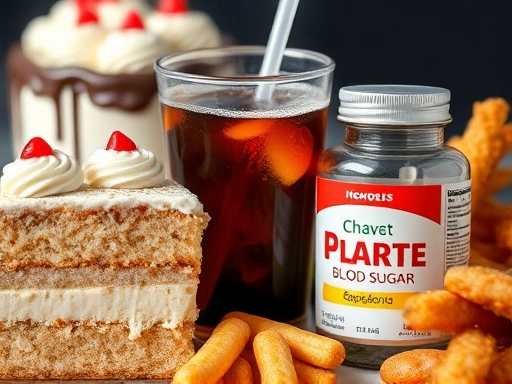 다이어트 보조제 병과 함께 혈당 스파이크를 유발하는 케이크, 콜라, 튀김 등 정크푸드가 클로즈업되어 불필요한 음식 섭취의 위험성을 강조하며, 건강한 식단 관리의 중요성을 시각적으로 묘사하는 이미지