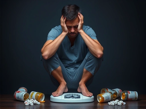 좌절감에 빠진 사람이 다이어트 보조제 실패를 인정하고 체중계에 앉아 깊은 한숨을 쉬는 모습