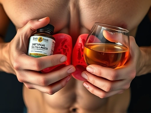 두 손이 간 부위를 감싸고 있는 클로즈업 사진, 한쪽에는 다이어트 보조제 병, 다른 한쪽에는 술잔이 놓여 있고, 간 건강과 위험을 시사하는 이미지