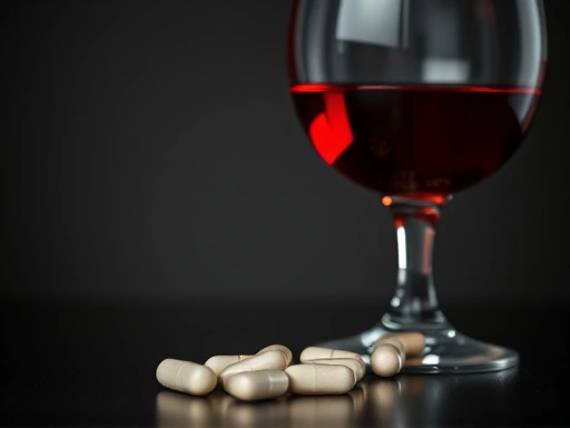다이어트 보조제 알약과 와인 잔이 나란히 놓여 있고, 그 뒤로 흐릿하게 간 그림자가 보이는 모습