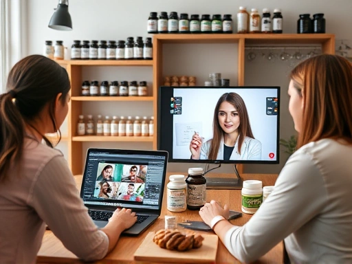 온라인에서 다양한 다이어트 보조제를 상담받는 사람들이 노트북 앞에서 전문가와 화상 통화를 하고 있는 모습