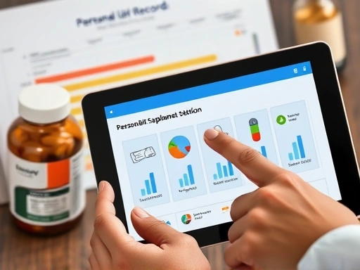 개인의 건강 기록 차트, 영양제 병, 그리고 전문가의 손이 태블릿 화면을 가리키며 맞춤형 다이어트 보조제 솔루션을 설명하는 클로즈업 이미지