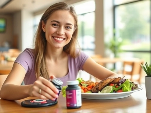 A person smiling confidently at a restaurant table, with healthy food options like a salad and grilled chicken, while discreetly holding a small bottle of diet supplements.