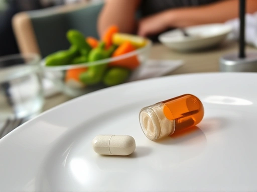 Close-up of a diet supplement pill on a clean plate next to a small bowl of steamed vegetables and a glass of water, illustrating precise portion control and healthy choices during an outing.