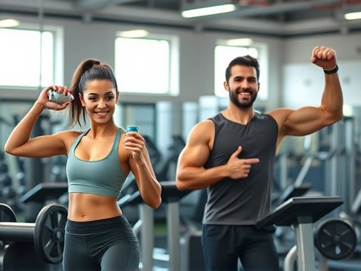 헬스장에서 여성과 남성이 다이어트 보조제를 복용하며 활기차게 운동하고 있는 모습