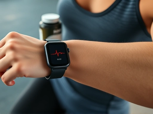 스마트워치를 착용한 손이 운동 중 심박수를 측정하는 클로즈업 장면