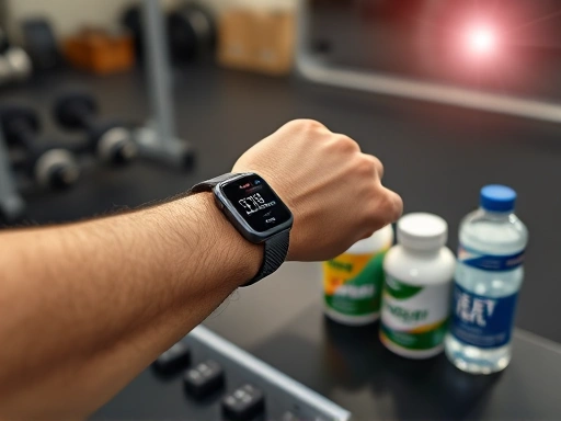 다이어트 보조제와 물병이 놓인 헬스장 벤치 위에 손목시계로 심박수를 확인하는 사람의 팔이 클로즈업된 장면