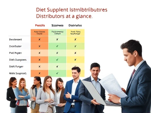 다양한 다이어트 보조제 유통업체들의 특징을 한눈에 볼 수 있는 비교표와 여러 유형의 유통업체들이 모여있는 모습