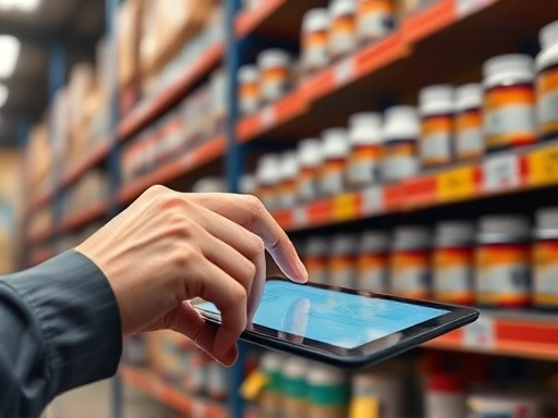 손으로 태블릿 화면을 터치하며 다이어트 보조제 재고 및 주문 현황을 꼼꼼히 확인하는 클로즈업 이미지