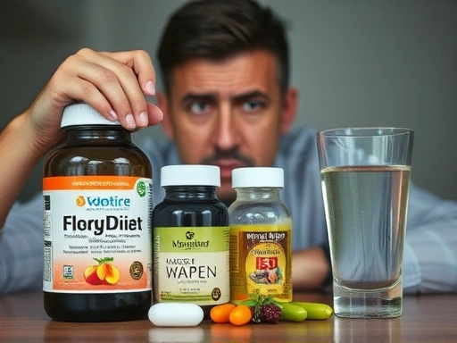 다이어트 보조제 병, 물 한 잔, 걱정스러운 표정의 사람이 보조제를 바라보고 있는 모습