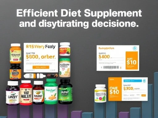 다이어트 보조제들이 가지런히 놓여 있고, 한쪽에는 '정기구독' 카드와 다른 한쪽에는 '단발구매' 카드가 놓여 있는 장면