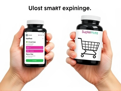 두 손이 다이어트 보조제 병을 들고 있으며, 한쪽 손에는 '정기구독' 앱 화면이, 다른 한쪽 손에는 '단발구매' 온라인 장바구니 화면이 클로즈업되어, 다이어트 보조제 소비자의 현명한 선택 과정을 보여줍니다.