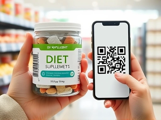 손에 들린 다이어트 보조제 용기, 정품 인증을 위해 스마트폰으로 QR 코드를 스캔하는 모습