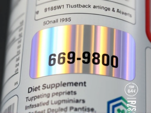 다이어트 보조제 용기 클로즈업, 포장에 인쇄된 홀로그램 스티커와 작은 글씨의 일련번호가 선명하게 보이는 디테일 샷, 정품 확인에 필요한 세부 요소들을 강조