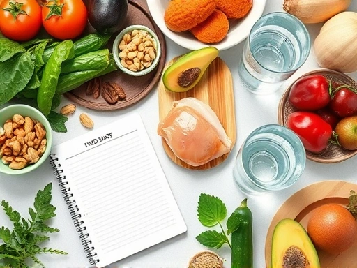 식탁 위에 신선한 채소, 과일, 견과류, 닭가슴살 등 건강하고 다채로운 식재료들이 정갈하게 놓여있는 클로즈업 사진.