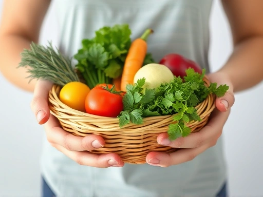 손에 채소와 과일이 가득 담긴 장바구니를 들고 건강한 식단을 준비하는 사람의 클로즈업, 지속 가능한 식단 관리, 요요 방지 팁.