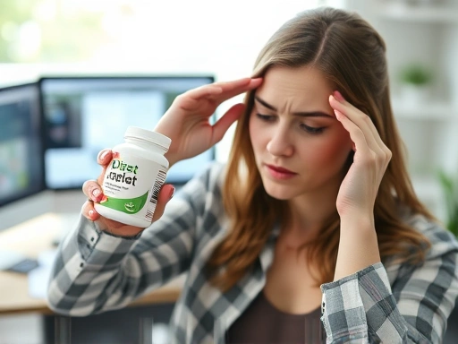 한 여성이 다이어트 보조제를 들고 혼란스러워하며 눈을 비비는 모습