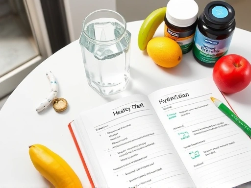 물컵과 신선한 과일, 그리고 다이어트 보조제가 놓인 책상 풍경, 옆에는 활짝 열린 수첩에 건강한 식단과 수분 섭취 계획이 적혀 있다.