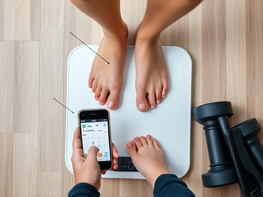 스마트 체중계 위에 맨발로 올라서서 앱으로 체성분 데이터를 확인하는 다이어터의 클로즈업 손과 발, 주변에 운동 도구가 놓여있는 구체적인 묘사