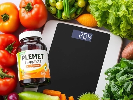 다이어트 보조제 병과 디지털 체중계가 함께 놓여진 건강한 다이어트 환경을 보여주는 이미지