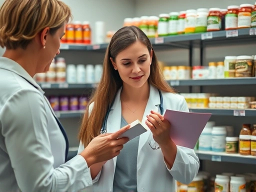 다이어트 보조제 제품들을 배경으로, 한 여성이 제품 라벨을 꼼꼼히 확인하며 전문가와 상담하는 모습