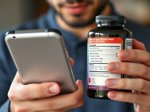 한 남성이 스마트폰으로 식품의약품안전처 웹사이트를 확인하고, 다른 손으로는 다이어트 보조제 성분표를 읽는 클로즈업 장면