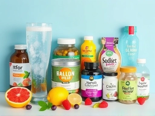 A vibrant flat lay of various diet supplements bottles alongside a large glass of sparkling water, fresh fruits, and electrolyte drinks, emphasizing hydration and health in diet supplement use.