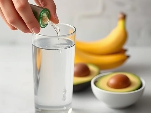 A close-up shot of a hand pouring water into a glass next to a diet supplement pill, with a small bowl of electrolyte-rich fruits like banana and avocado in the background, illustrating practical dehy...