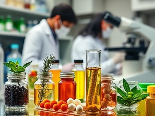 최신 다이어트 보조제 성분 특허 기술 동향을 한눈에 볼 수 있는 연구실 풍경.