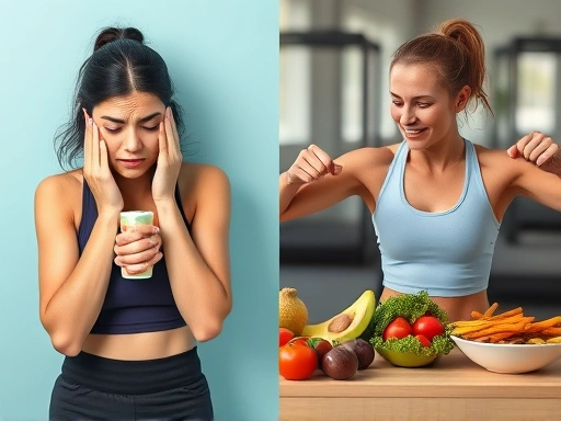 한 여성이 다이어트 보조제 섭취 후 피로감을 느끼며 힘들어하는 모습