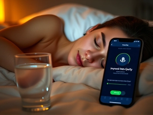따뜻한 색감의 조명 아래 편안한 침대에 누워 숙면을 취하는 사람의 클로즈업, 옆에는 물 한 잔과 명상 앱이 켜진 스마트폰이 놓여있어 수면 질 향상과 스트레스 관리를 구체적으로 묘사합니다.