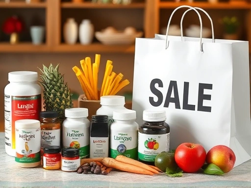 다양한 종류의 다이어트 보조제들이 테이블 위에 가지런히 놓여 있고, 그 옆에는 'SALE'이라고 적힌 쇼핑백이 놓여있는 모습