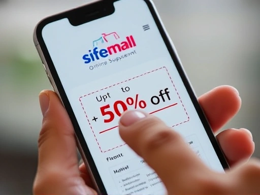 클로즈업된 손이 스마트폰 화면에서 다이어트 보조제 할인 쿠폰을 다운로드하는 모습