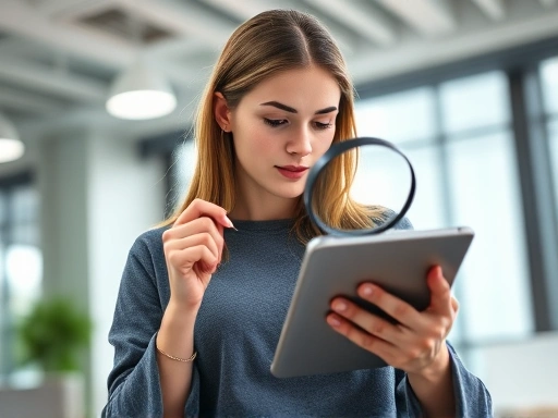 Brightly lit, modern office space, a person of ambiguous gender (20s-30s) carefully examining a diet supplement ad on a tablet, a magnifying glass in hand, highlighting common misleading claims and th...