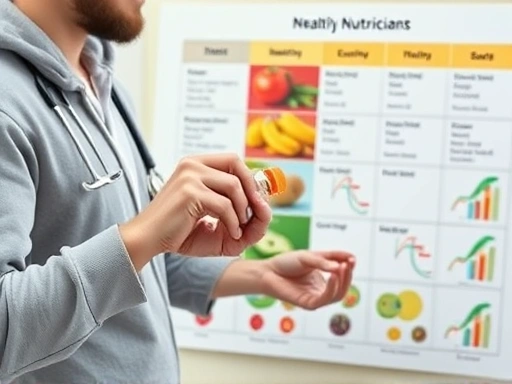 전문 영양사가 건강한 식단과 운동 계획이 적힌 차트 앞에서 다이어트 보조제 병을 들고 설명하며 상담하는 모습
