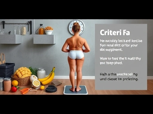 체중계에 올라선 사람이 체지방 측정 결과를 보며 건강한 식단과 운동 도구에 둘러싸여 다이어트 보조제 효과를 분석하는 장면