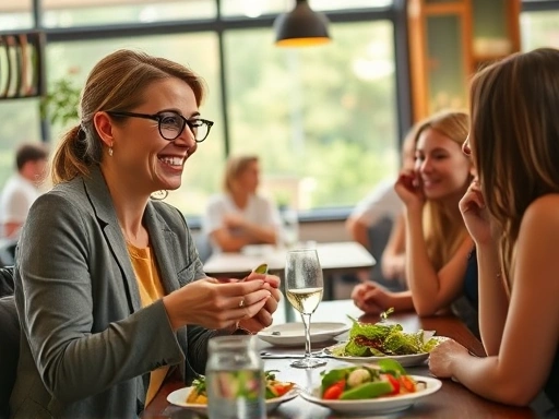 직장인 여성이 다이어트 보조제를 복용하면서 친구들과 식당에서 즐겁게 대화하며 샐러드를 먹는 모습
