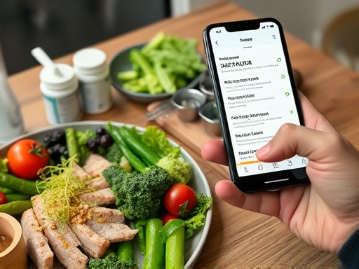 테이블 위에 놓인 건강한 식단(신선한 채소, 단백질 위주)과 다이어트 보조제(식별 가능한 포장)가 클로즈업된 모습