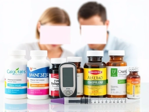 다양한 종류의 다이어트 보조제 병들이 놓여 있고, 그 앞에 혈당 측정기와 인슐린 주사기가 함께 있는 모습