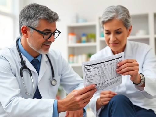 한 의사와 약사가 함께 앉아 환자의 혈당 기록을 보며 다이어트 보조제 성분표를 꼼꼼히 확인하고 있는 클로즈업 장면