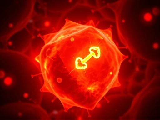 활성화된 갈색지방 세포 내부에 에너지를 생산하는 미토콘드리아가 역동적으로 빛나는 클로즈업 이미지