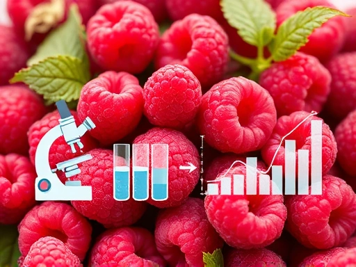 싱싱한 붉은 라즈베리가 가득한 배경에, '과학적 검증'과 '연구'를 상징하는 현미경, 시험관, 자료 그래프 이미지