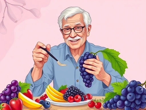 A vibrant illustration depicting a healthy, active senior enjoying a balanced diet of grapes and berries, symbolizing resveratrol's connection to longevity and healthy weight management in an engaging...