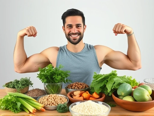 녹색 잎채소, 견과류, 통곡물 등 다양한 마그네슘 함유 식품들이 테이블 위에 놓여 있고, 그 옆으로 활력 넘치는 남성 또는 여성이 팔 근육을 드러내며 건강하게 웃고 있는 모습