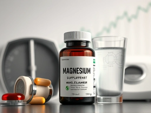 마그네슘 보충제 병과 물 한 잔이 근육 이완 및 체중계 옆에 클로즈업되어 놓여 있는 모습